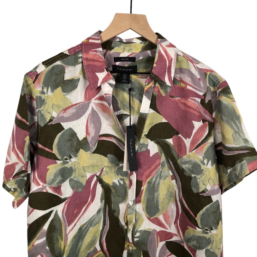 Tahari Linen Button Up Camp Shirt Tropical Print